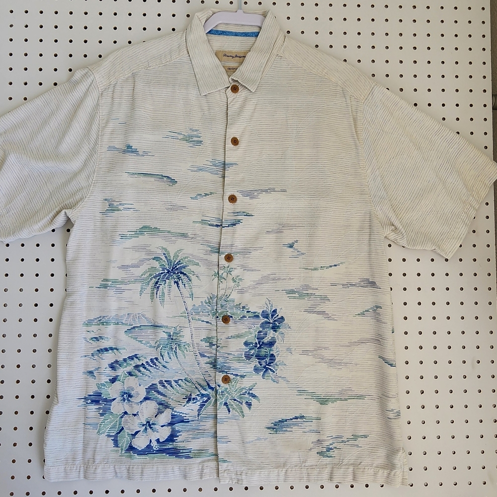 Tommy Bahama Shirt Mens L Silk Island Tropics Scenic Palm Tree Button Up
